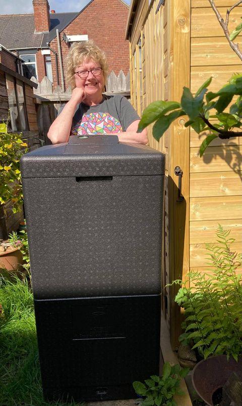 Competition winner Lynn Evans with her state-of-the-art Hotbin composter.